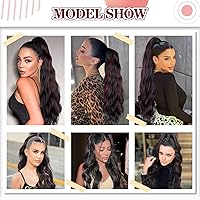 Vista 4 de Extensiones de cola de caballo largas onduladas con cordón para mujeres, extensiones de cabello con clip para cola de caballo, mezcla de color negro