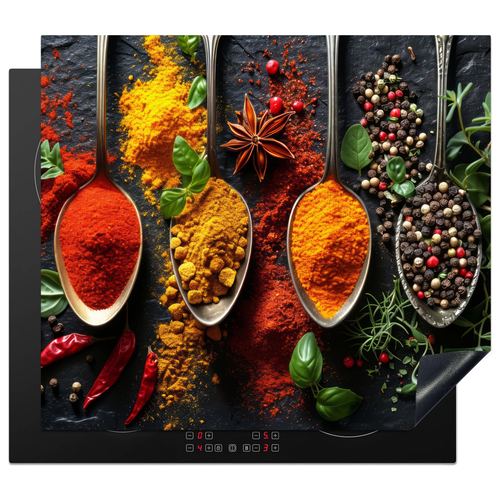 KitchenYeah© Herdabdeckplatte Induktion Schutzmatte Küche Herdabdeckung Ceranfeld Induktionsmatte Cerankochfeld Abdeckung Kräuter - Löffel - Küche - Paprika - 59x52 cm