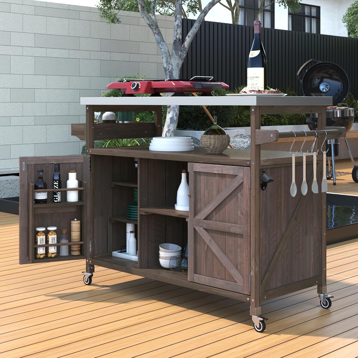 50" Farmhouse Outdoor Kitchen Cart with Stainless Steel Tabletop,Rolling Island Serving Cart on Wheels with Spice & Towel Rack,BBQ Storage Cart Cooking Station Prep Table for Grill (Dark Brown)