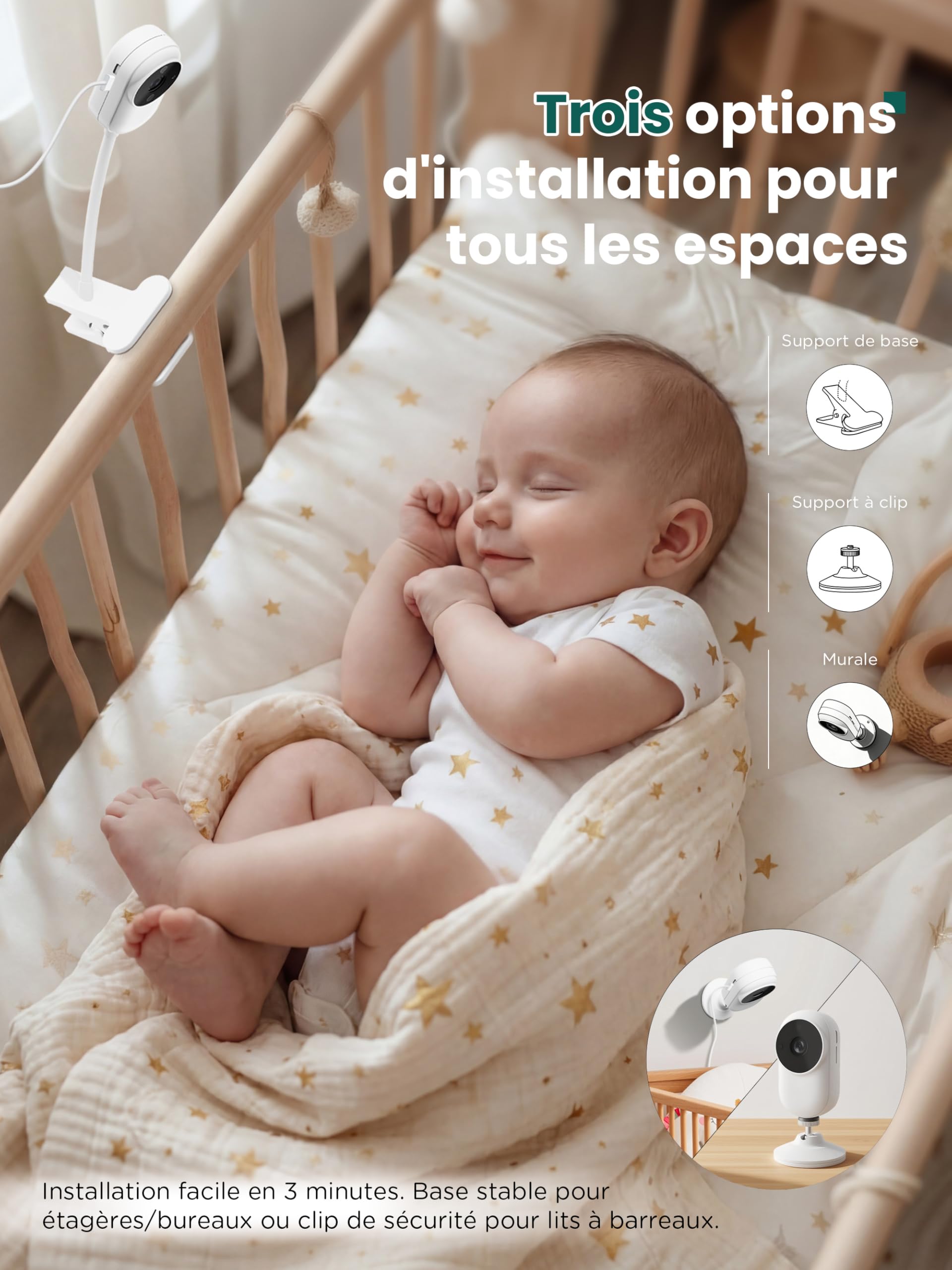 NUOTUN Babyphone Camera sans WiFi avec Support Lit, HD Camera Bebe Surveillance avec 3.5" IPS écran, Audio Bidirectionnel, Détection des Pleurs, Vision Nocturne, Berceuses, Cadeau de Naissance idéal