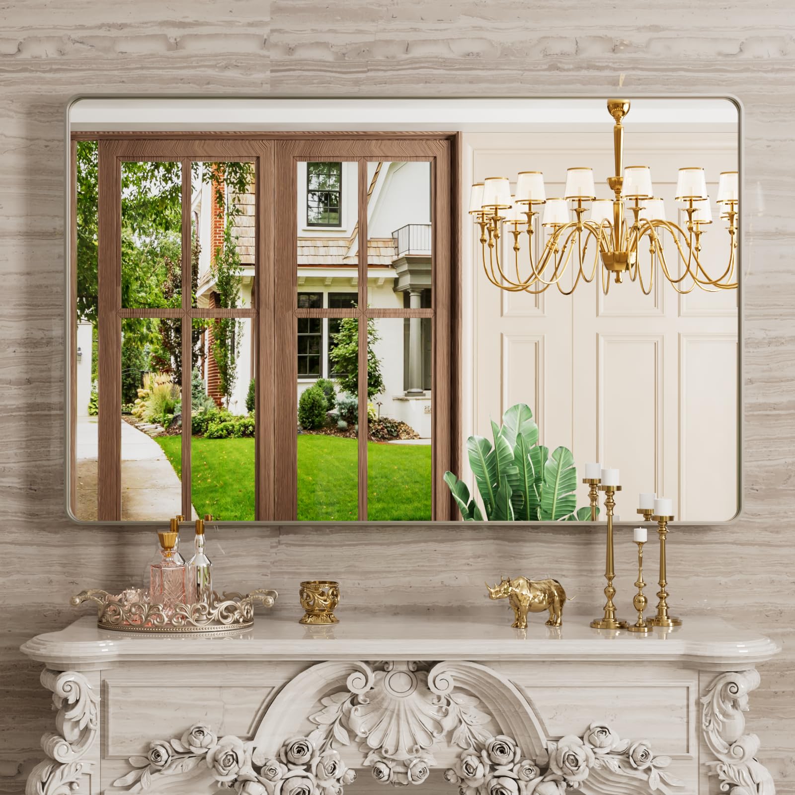 48x30 Inch Brushed Nickel Bathroom Mirror, Brushed Silver Metal Frame Mirror Wall Mounted, Rounded Rectangle Bathroom Vanity Mirror Silver, Tempered Glass, Anti-Rust, Horizontal/Vertical