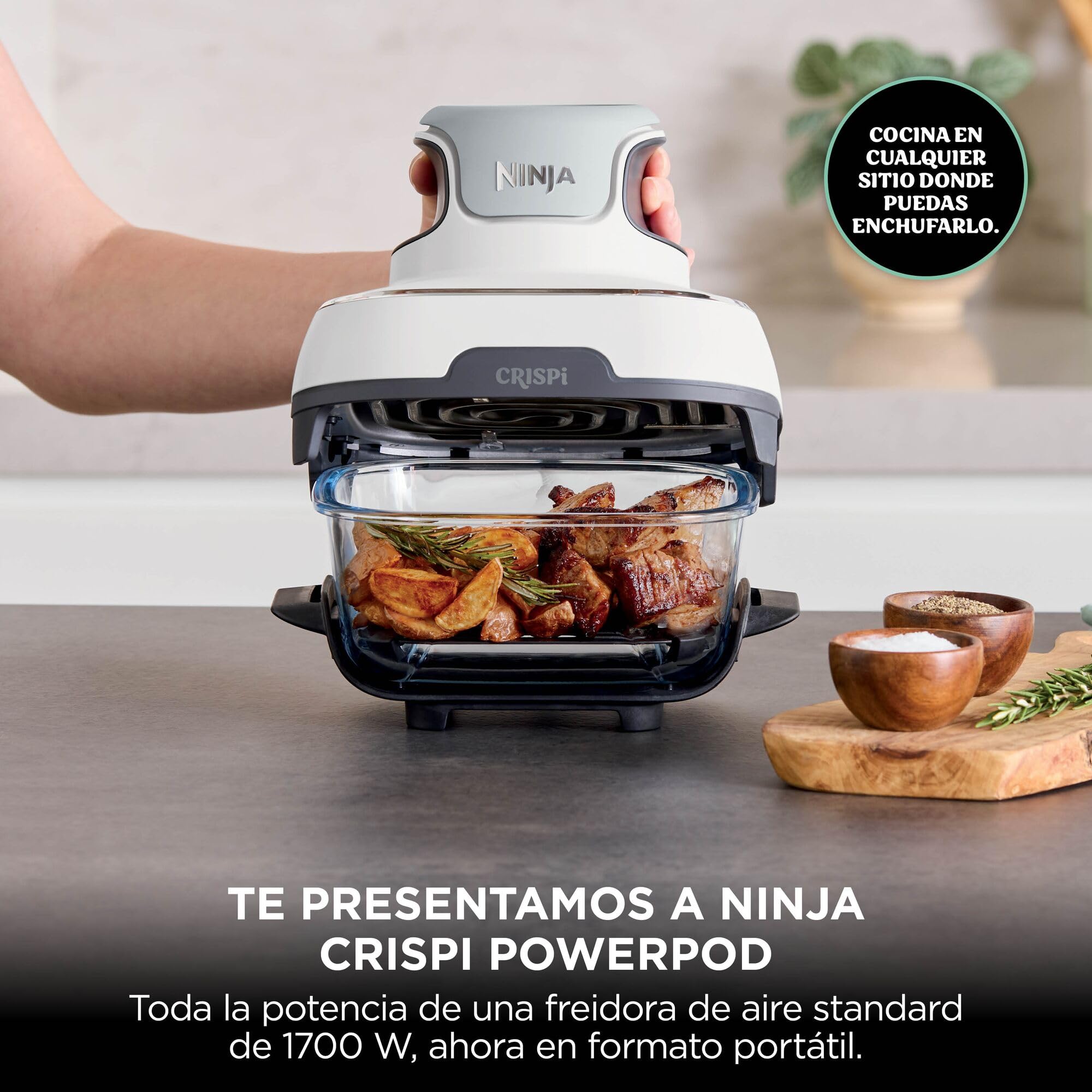 Ninja CRiSpi, Freidora de Aire Portátil, 3,8L y 1,4L, Blanco, FN102EU | 4 en 1: Freír con Aire, Asar, Mantener la Temperatura, Dorar, Compacta, 2 Recipientes de Cristal Extraíbles y Tapas, 1700W