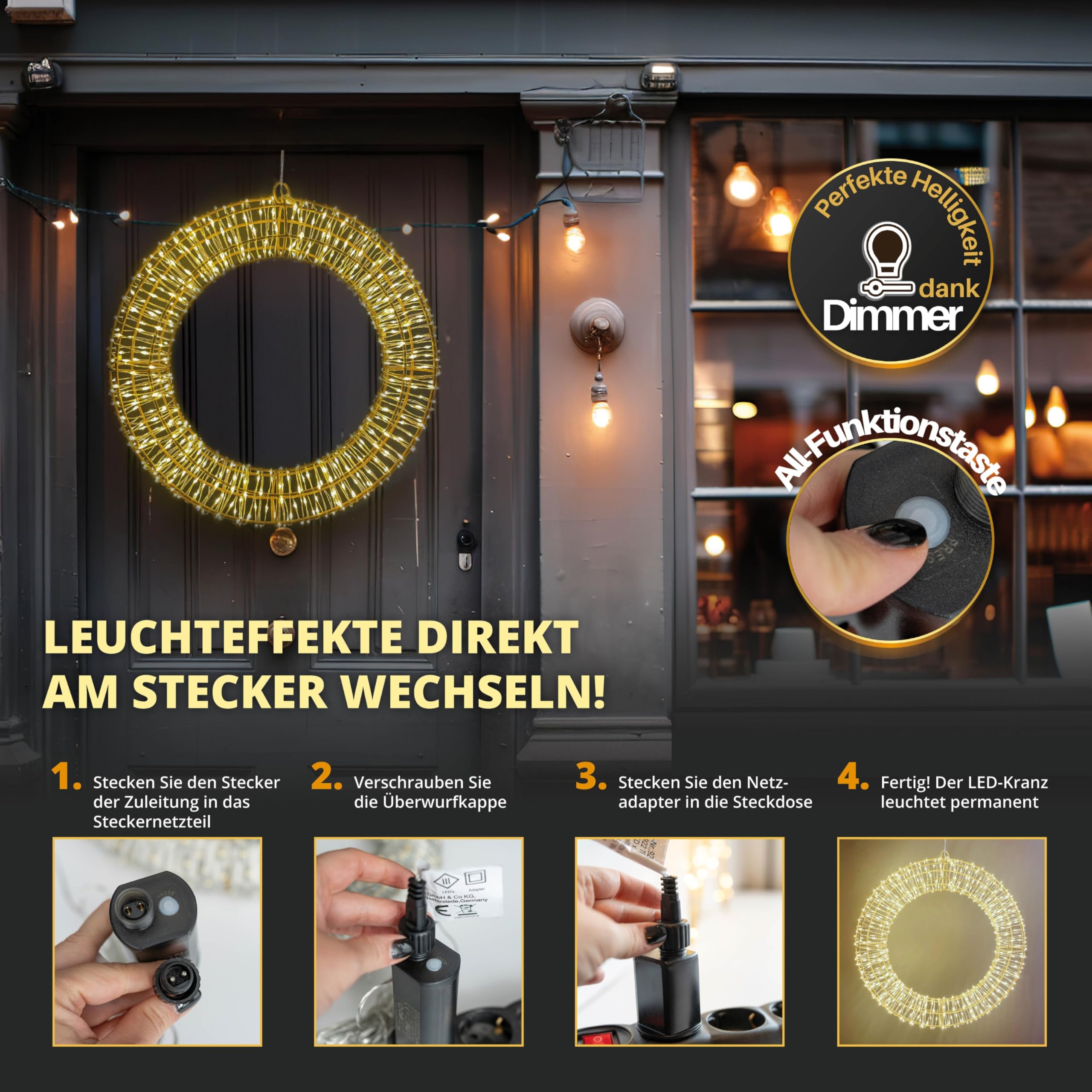 HiLight LED Weihnachtskranz Ø40 cm mit 600 LEDs | Metallkranz/Lichterkranz mit Fernbedienung & Timer - dimmbar | Adventskranz modern & Türkranz Weihnachten beleuchtet | Fensterdeko hängend