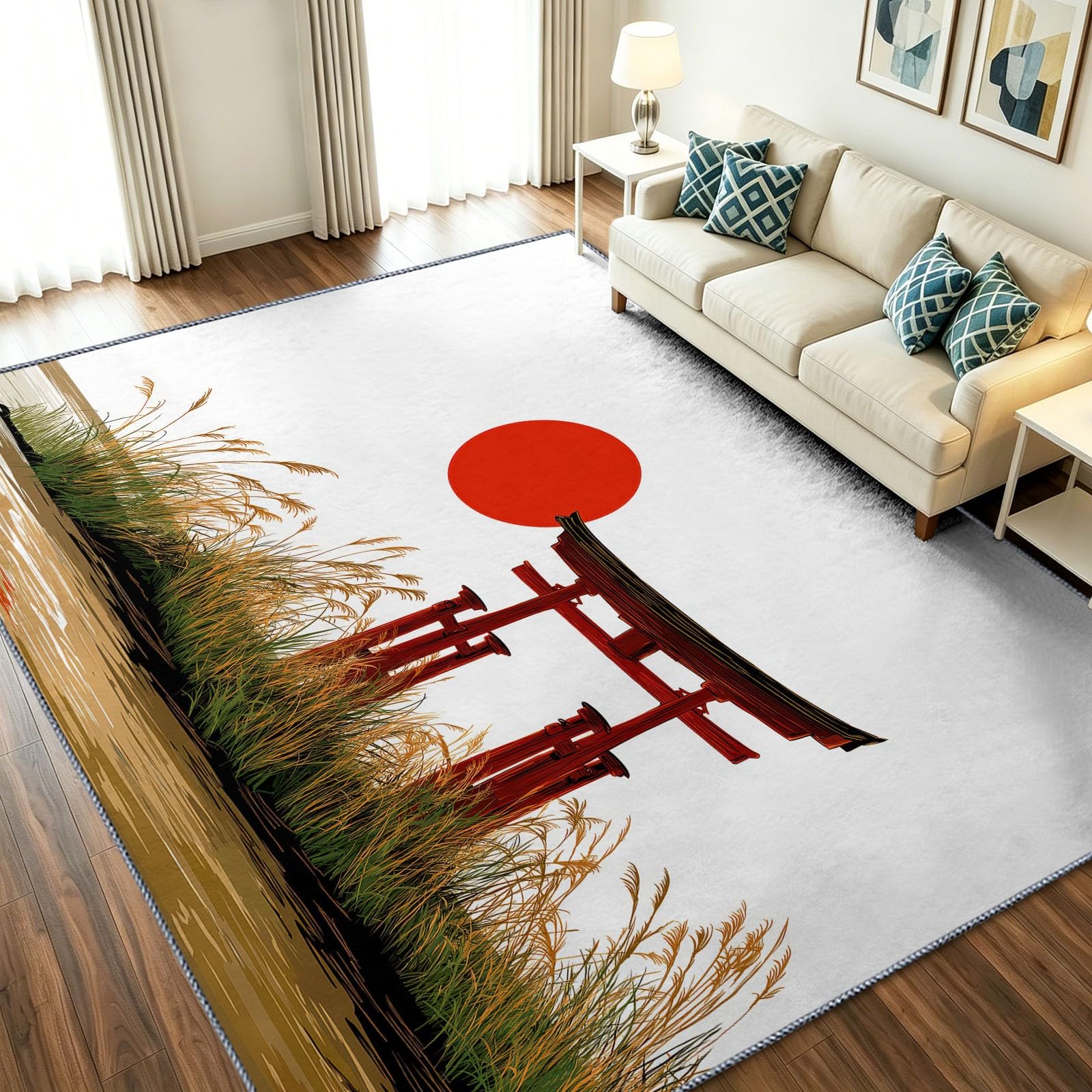 Tapis prairie soleil rouge et blanc pour decoration salon moderne