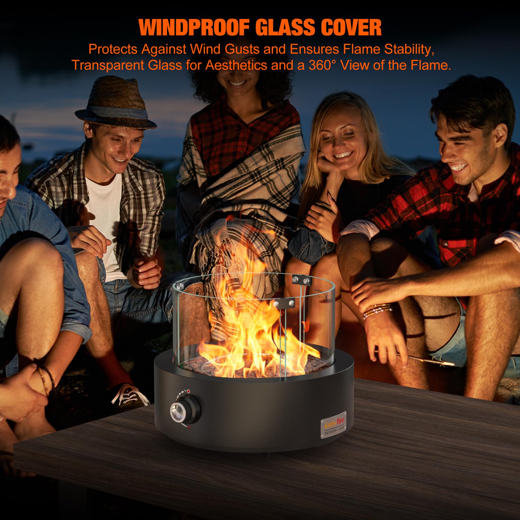 Onlyfire Braciere a gas da tavolo, riscaldatore per patio esterno con ingresso d'aria inferiore, rocce laviche e protezione antivento in vetro, braciere a propano per patio, cortile, ristorante