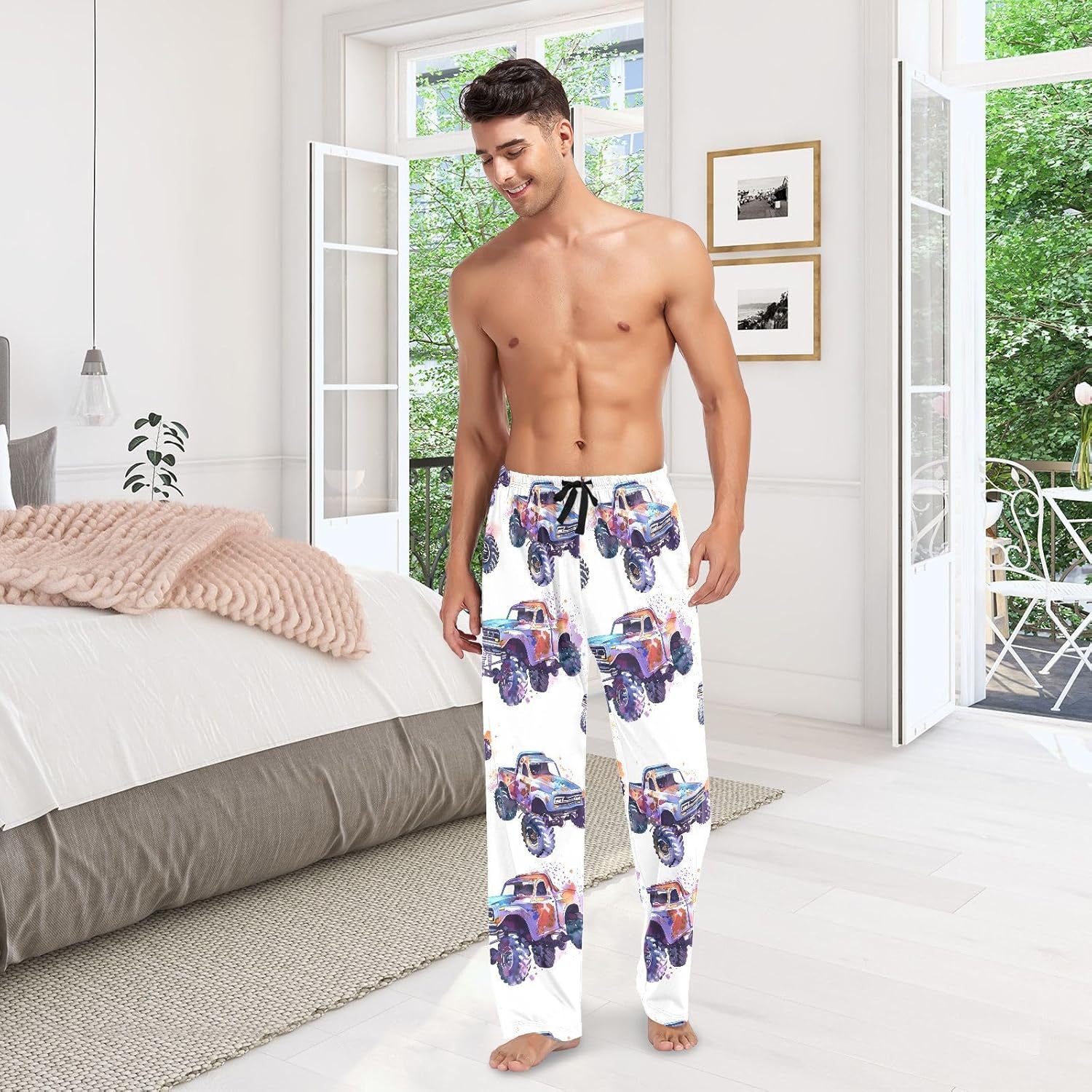 ALAZA Watercolor Monster Truck Men's Pajama Pants Men Cotton Pajama Bottoms with Pockets, S