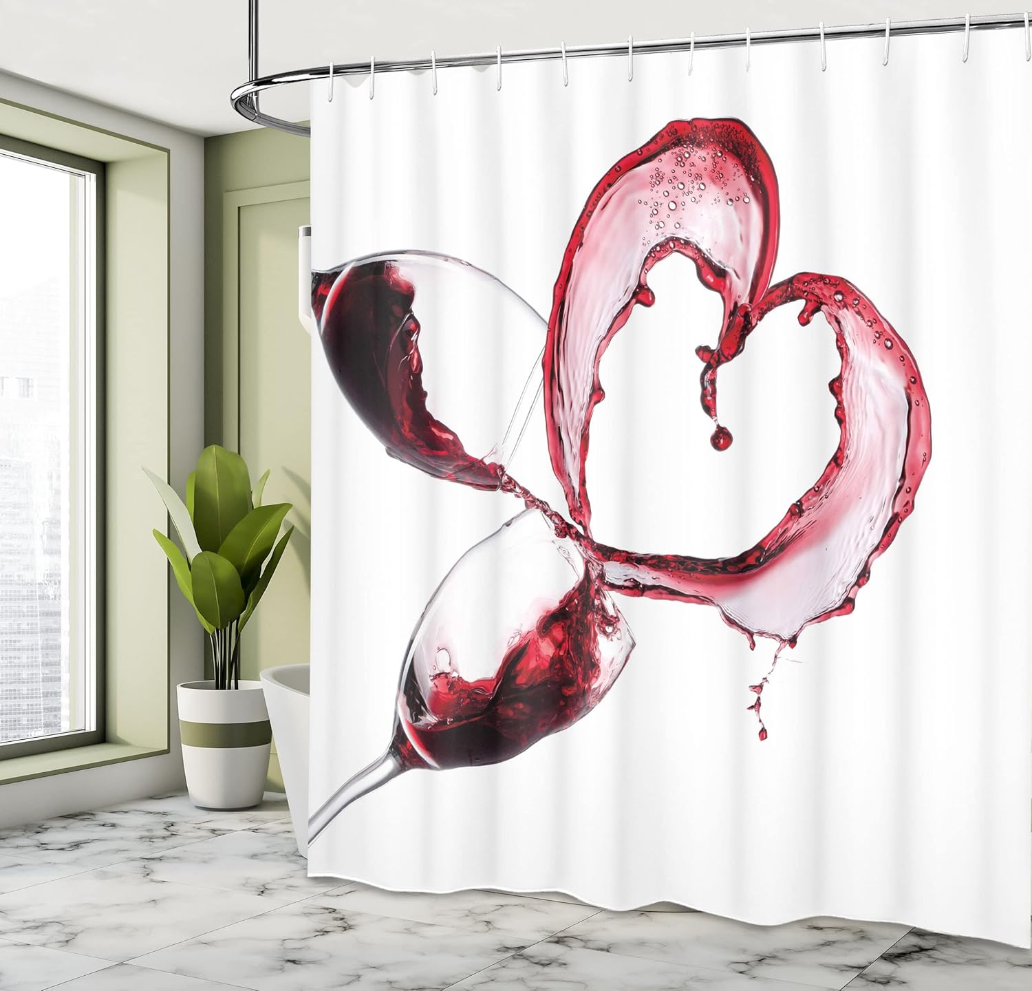 Ambesonne Wine Shower Curtain, Heart Shape Spilling Red Drink in Glasses Romantic Valentines Day Concept, Cloth Fabric Bathroom Decor Set with Hooks, 69" W x 75" L, Burgundy White Pink