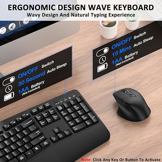 Wireless Keyboard and Mouse Combo, EDJO 2.4G Full-Sized Wave Keys Ergonomic Keyboard and Wireless Optical Mouse, Energy-Saving Wireless Mouse Keyboard for Computer, Mac, Laptop, PC, Windows(Black)