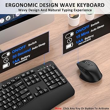 Wireless Keyboard and Mouse Combo, EDJO 2.4G Full-Sized Wave Keys Ergonomic Keyboard and Wireless Optical Mouse, Energy-Saving Wireless Mouse Keyboard for Computer, Mac, Laptop, PC, Windows(Black)