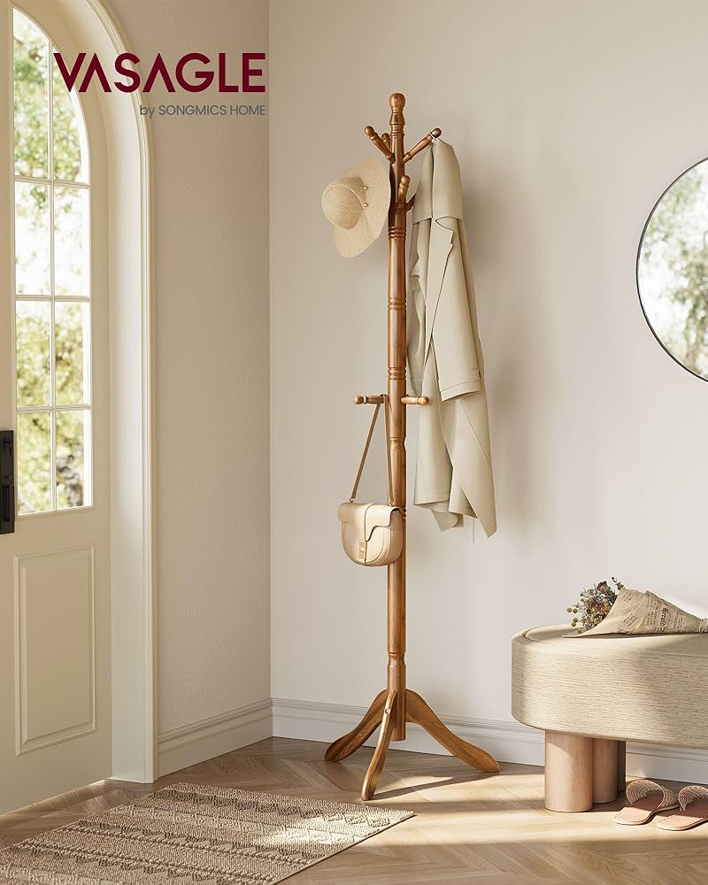 VASAGLE Coat Rack Free Standing, Wooden Hall Tree Coat Hat Tree