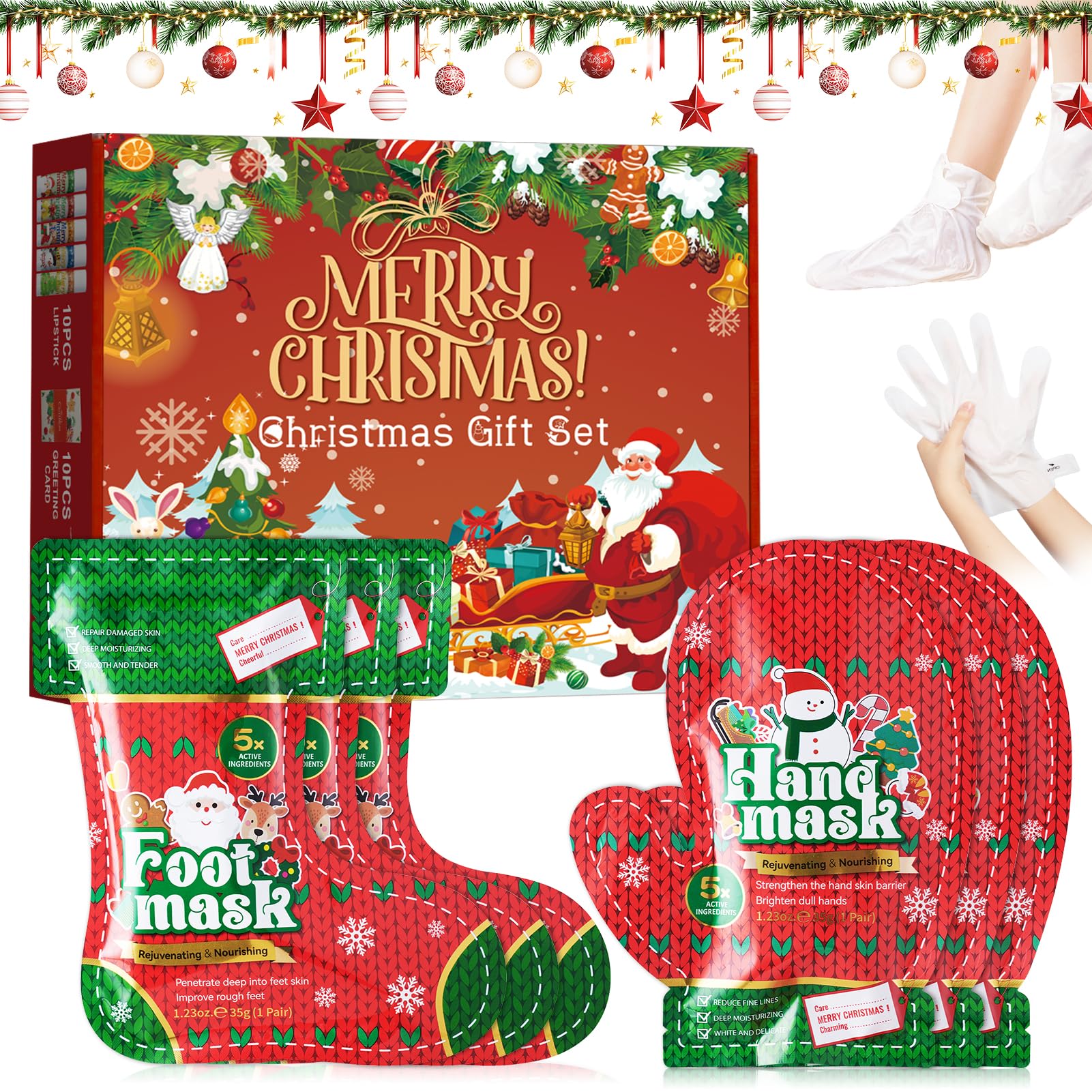 Noël Masque Pieds, 3 Paires Masque Pieds Peeling Exfoliant, 3 Paires Soins des Mains et des Pieds, masque Pieds Très Secs et Abîmés pour Rendre la Peau Plus Lisse
