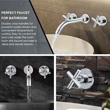 Midanya Wall Mounted Bathroom Sink Faucet,Double Handle 3 Holes Widespread Vanity Sink Mixer Tap with Rough in Valve Dual Cross Handles Faucets,Polish Chrome