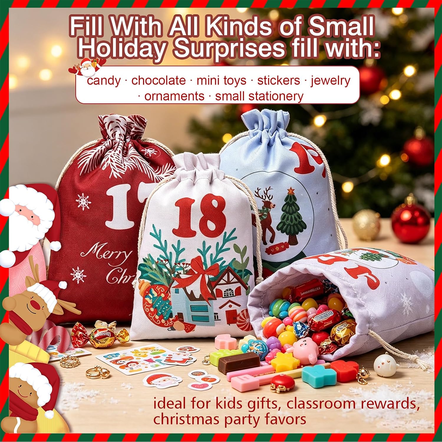 24 Pcs Christmas Advent Calendar Bags,Xmas Countdown Gift Bag with Clips image 4