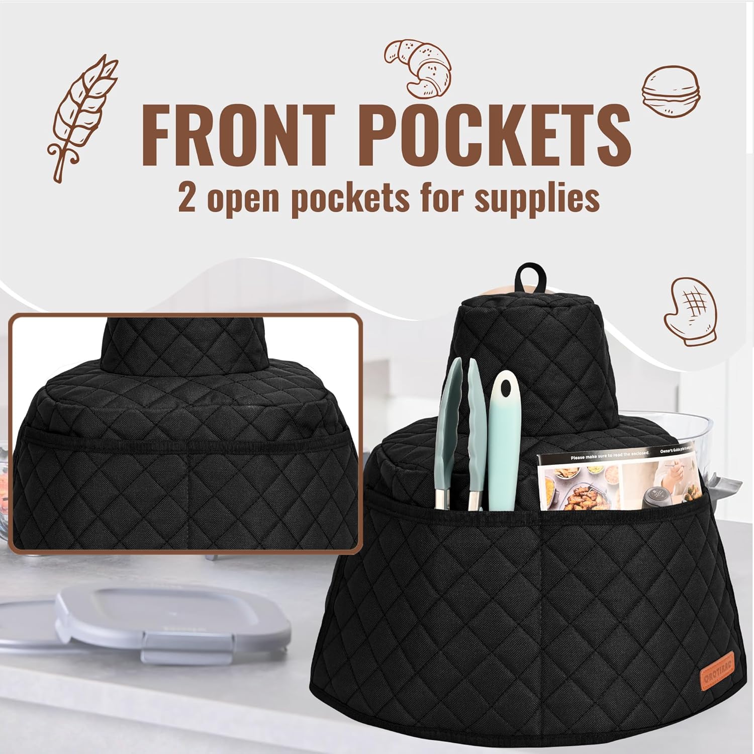 CROTIRAD Glass Air Fryer Dust Cover Compatible with Ninja Crispi, Portable Hanging Cover with Pockets for Ninja Crispi Air Fryer, Black