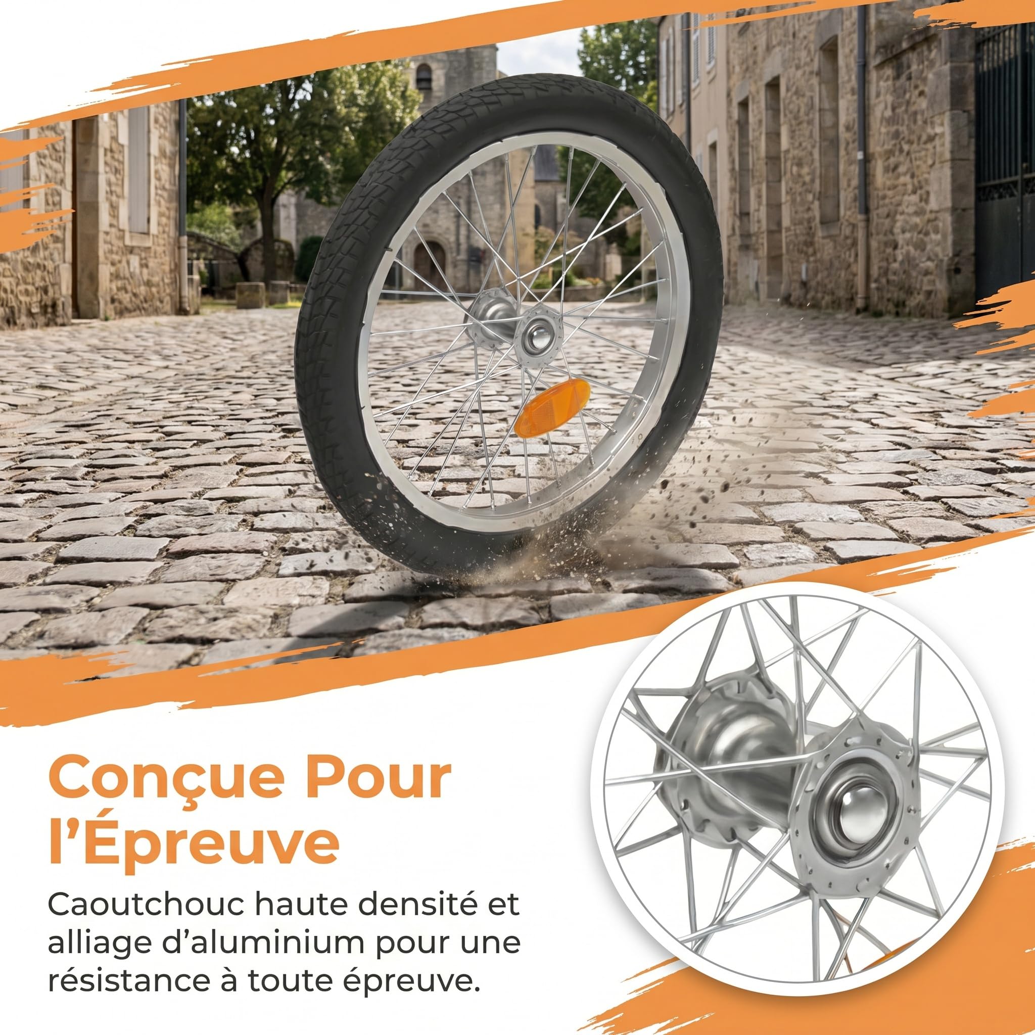 Roue de Remorque Vélo, Pneu Caoutchouc Antidérapant et Aluminium, Dégagement Rapide, Plaque Fixation Crochet, Structure Haute Résistance, pour Remorque Bicyclette Enfant ou Cargo, 14 Pouces