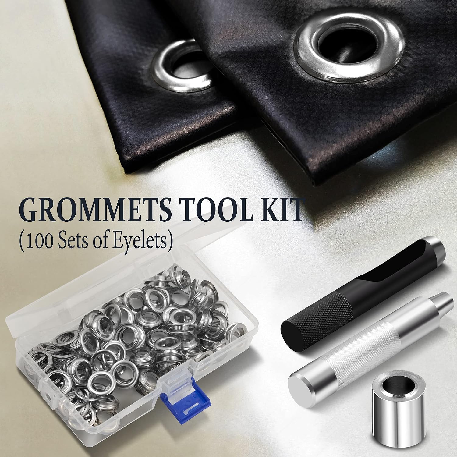 Anley 1/2" Grommet Tools Kit - 100 Sets of Rust Resistant Grommet Refills, Handheld Hole Cutter & Punch Tool - DIY Crafts Self-Piercing Eyelets for Fabric, Leather, Tarp, Curtains & Belts (Silver) image 2
