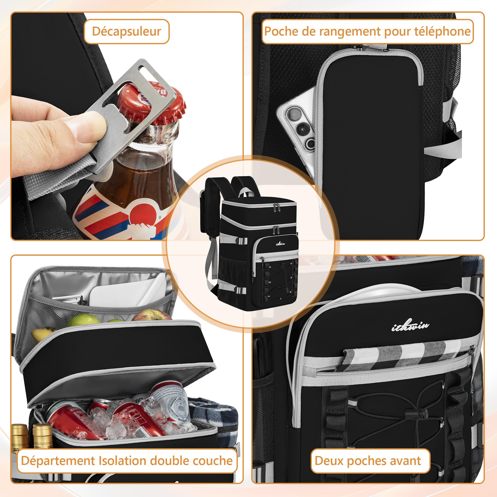 Sac à Dos Isotherme à Double Compartiment – Grande Capacité 28L pour Glacière Souple(Principal 22L + Secondaire 6L), Sac de Pique-Nique à Glacière Portable, pour Les Pique-Niques et Le Camping