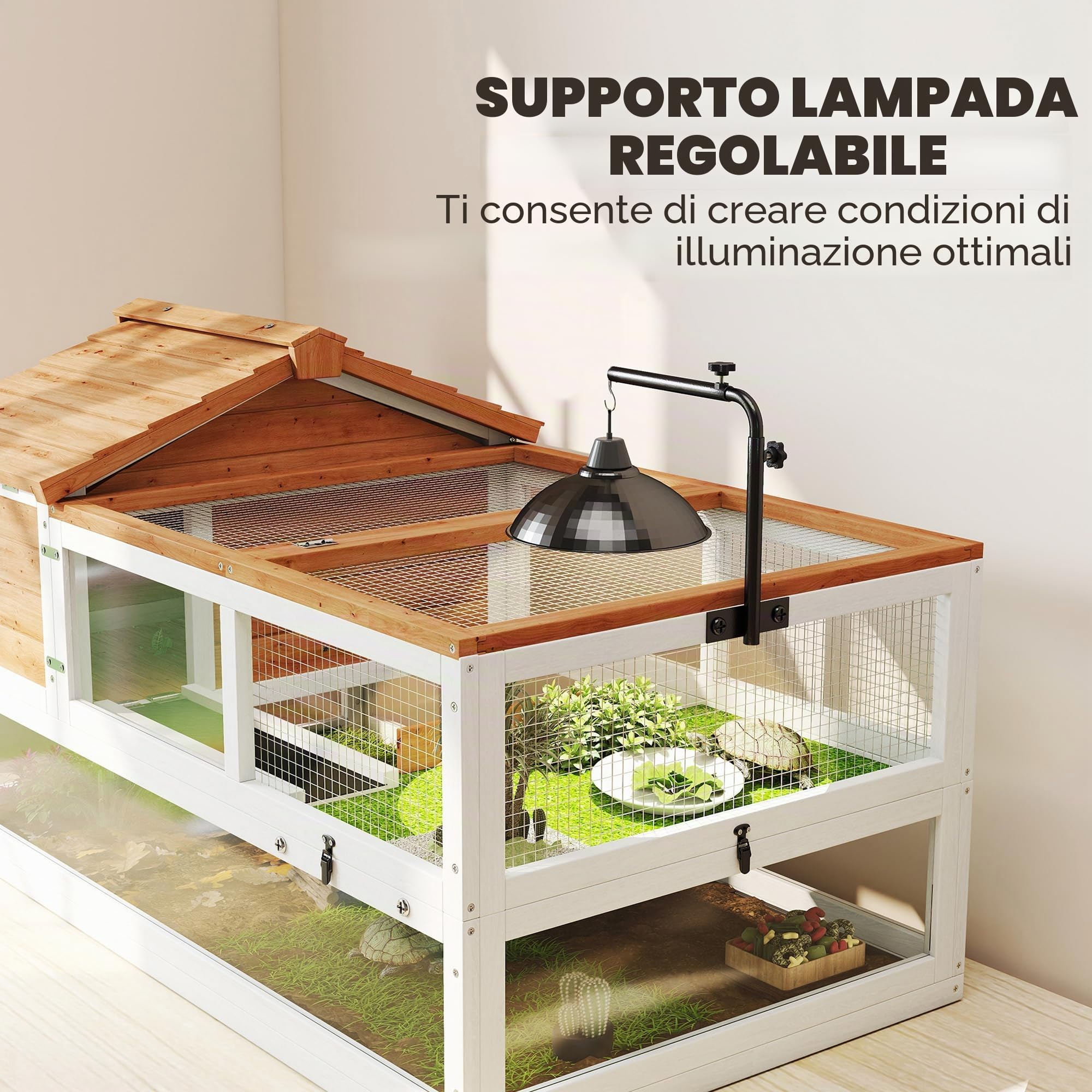 PawHut Recinto per tartarughe in legno con due case principali incernierate - Supporto lampada - Gabbia esterna per rettili - 116 x 70,5 x 69,5 cm, arancione