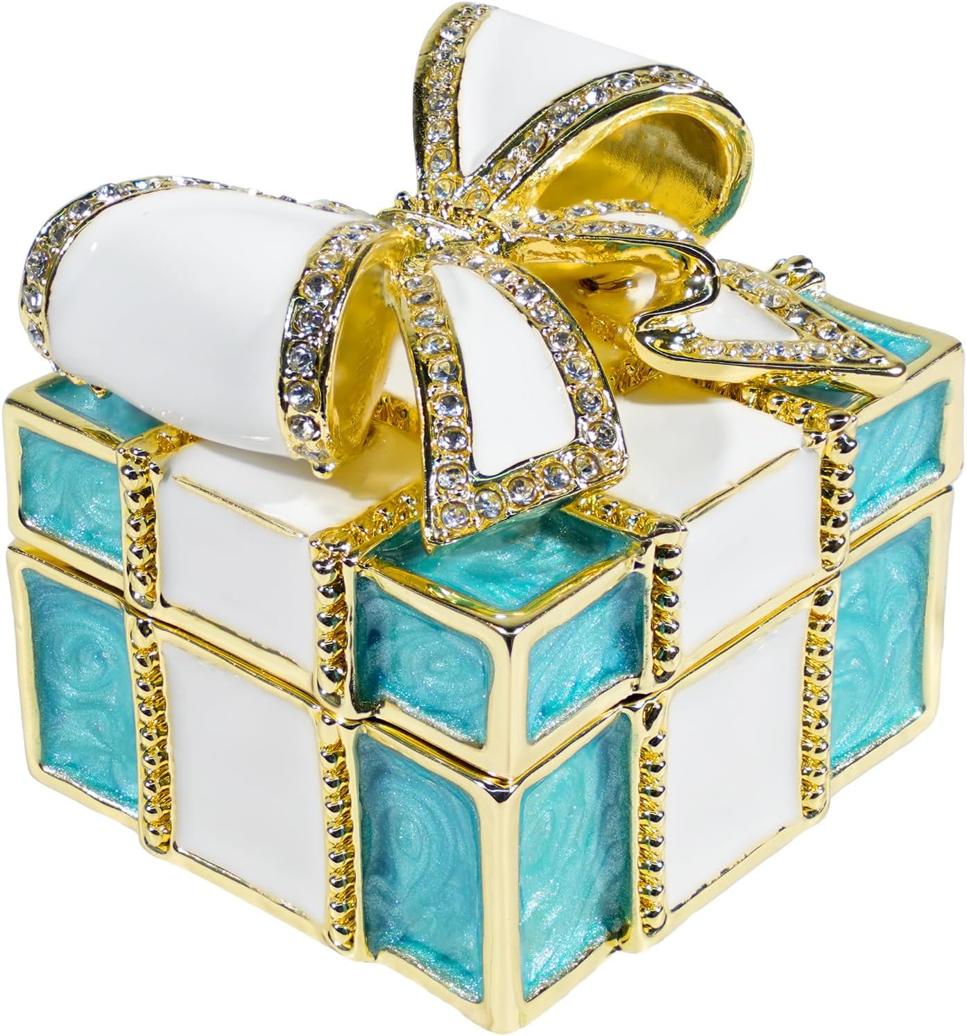 Wowagoga Mini Enamel Rhinestones Bow-knot Jewelry Box Bow-knot Hinged Trinket Box Bling Trinket Box Miniature Figurine Ring Box for Women Girls Wedding Birthday Gift Christmas (Blue)