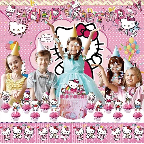 Miniatura 4 de Suministros para fiesta de cumpleaños de gatitos, decoraciones de fiesta de color rosa con texto en inglés Happy Birthday, globos, telón de fondo,