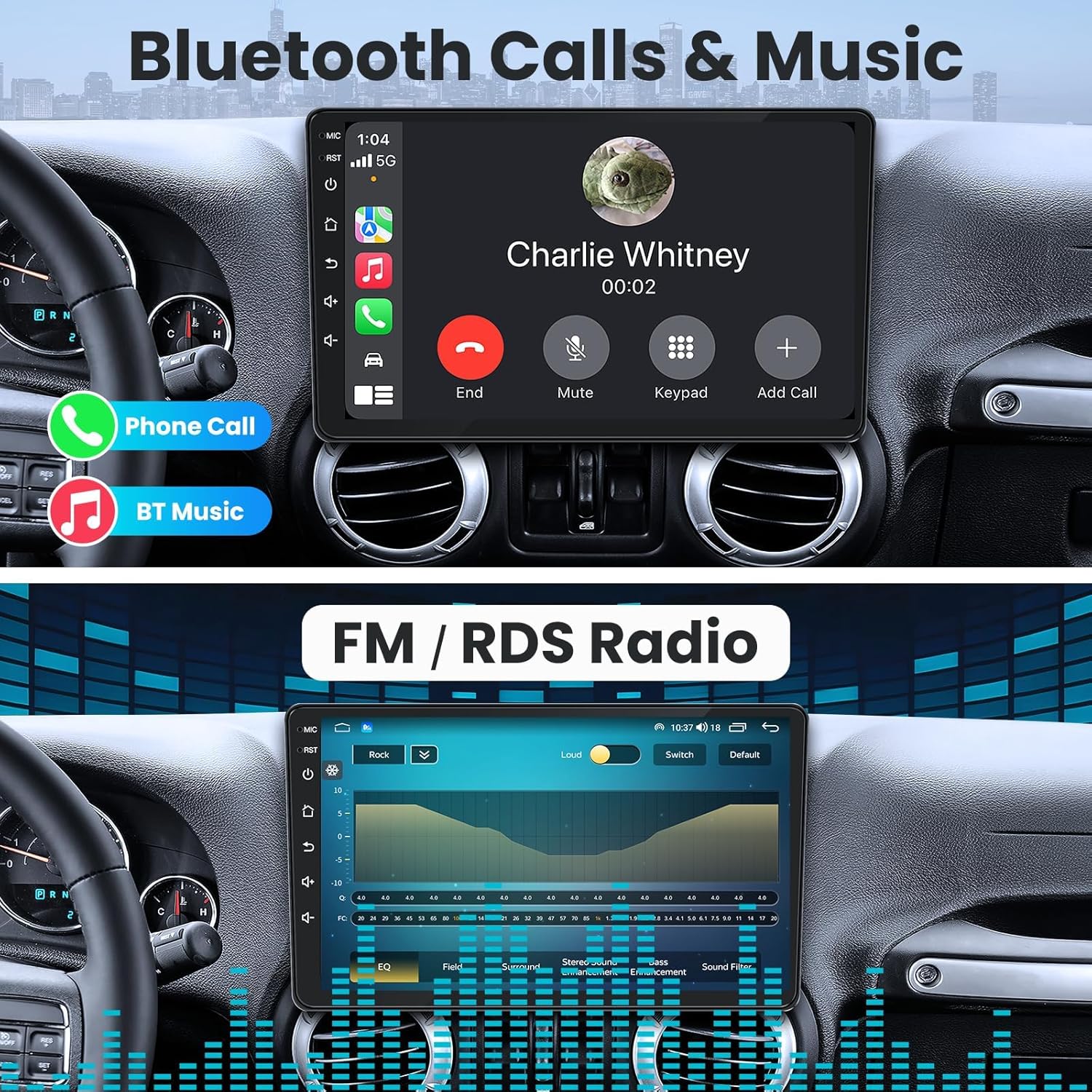 Car stereo displaying Bluetooth call screen and FM radio interface with equalizer settings