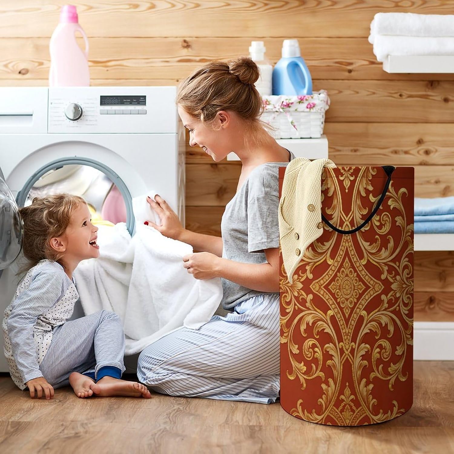 Red Walls And Golden Vines Laundry Hamper with Handles Waterproof Collapsible Laundry Basket Large Lightweight Round Dirty Clothes Hamper for Home Dorm Bathroom Decor