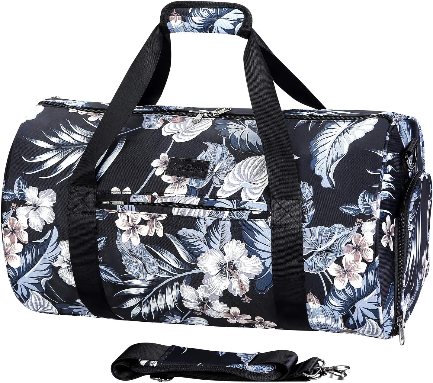 AmHoo Sports Gym Bag with Shoes Compartment and Wet Pocket with Independent Zipper Travel Duffel Bag for Women and Men(Floral Black)