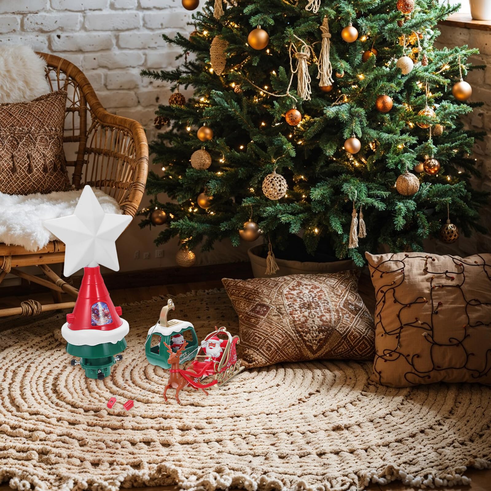 jojofuny Estrella Giratoria Iluminada Punta del Árbol de Navidad con Música Trineo de Papá Noel y Muñecos de Nieve Adorno Navideño para Decoración Interior y Exterior Fiesta Familiar