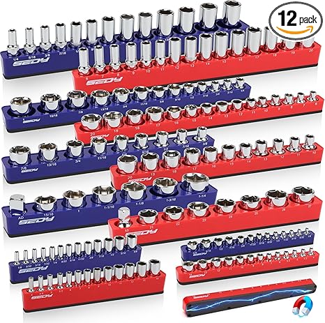 12-Piece 1/4" 3/8" 1/2"-Drive SAE & Metric Magnetic Socket Organizer Set (Holds 143 Sockets) -Detachable Tool Tray with 5mm Magnetic Base for Garage/Home(Sockets Not Included)