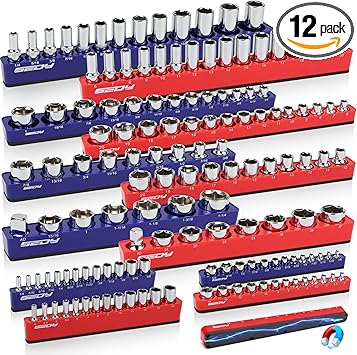 12-Piece 1/4" 3/8" 1/2"-Drive SAE & Metric Magnetic Socket Organizer Set (Holds 143 Sockets) -Detachable Tool Tray with 5mm Magnetic Base for Garage/Home(Sockets Not Included)