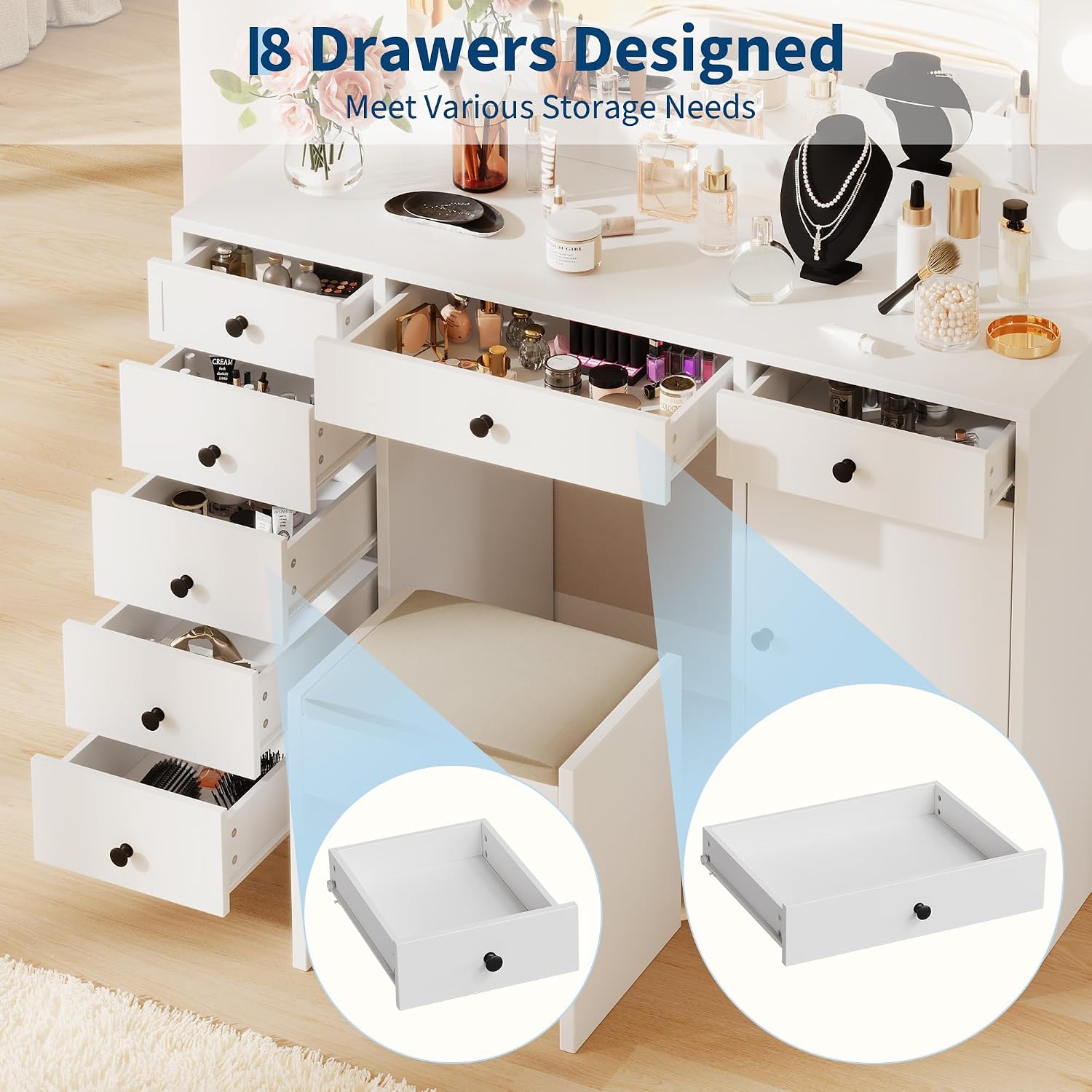 White Makeup Vanity with Lights Mirror - Vanity Desk, Makeup Vanity Table with Charging Station, 7 Storage Drawers, 1 Cabinet, and 3 Color Lighting Modes
