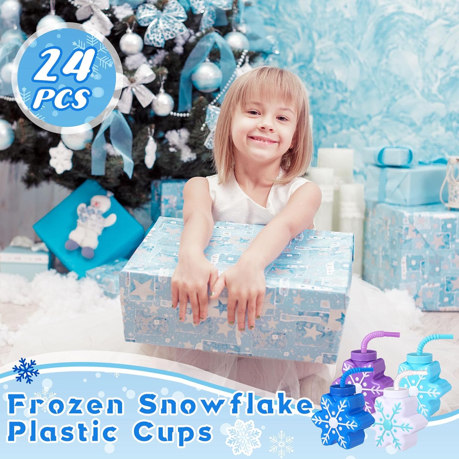 Sliner 24 Pcs Snow Themed Party Favor Winter Snowflake Cup with Straws, 10 oz Plastic Snowflake Shape Cup for Winter Iced Snow Flake Birthday Baby Shower Party Supplies - Image 4