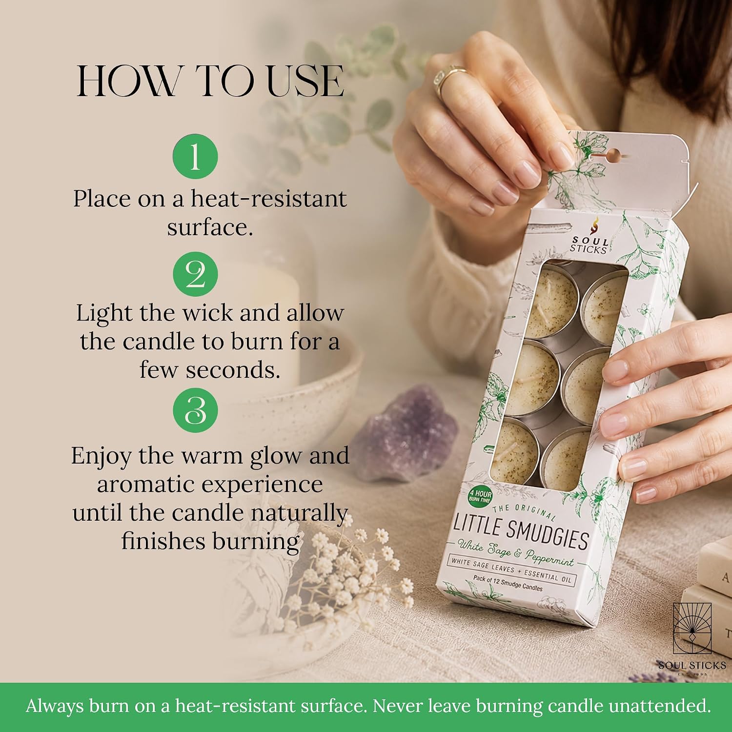 12 Pack Little Smudgies Tealight Candles Smudge Candle for Cleansing House, Meditation, Chakra Healing | Made with Crystals and Herbs (White Sage & Peppermint) - Image 6