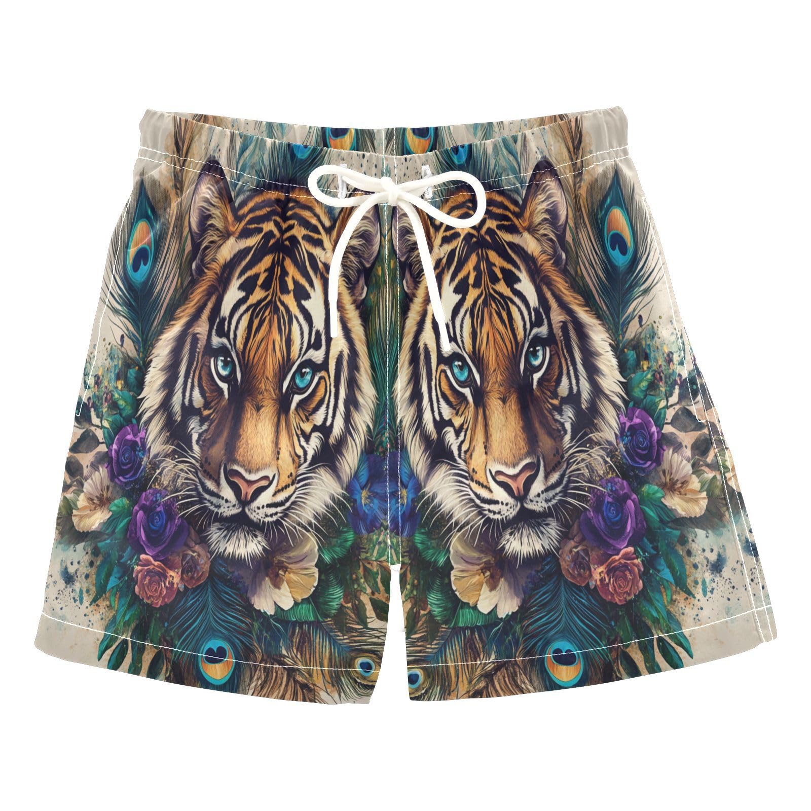 Jucciaco Boys Beach Board Shorts Tiger Feather Peacock Quick Dry Swim Trunk Swimwear for Kids Multicolor