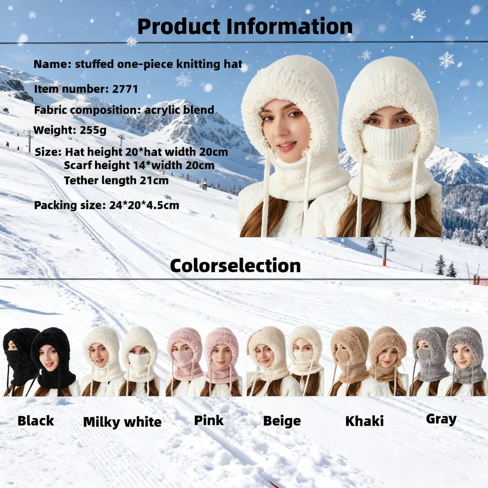 3 in 1 Beanie Hat for Women,All in One Hat and Scarf,Knitted Ski Scarf and Mask Set — view 7