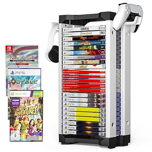 Allnice Game Storage Tower Multifunction Video Game Shelf for 24 game Disk, 2 Headsets Controllers Holder Compatible with PS3PS4PS5 Nintendo