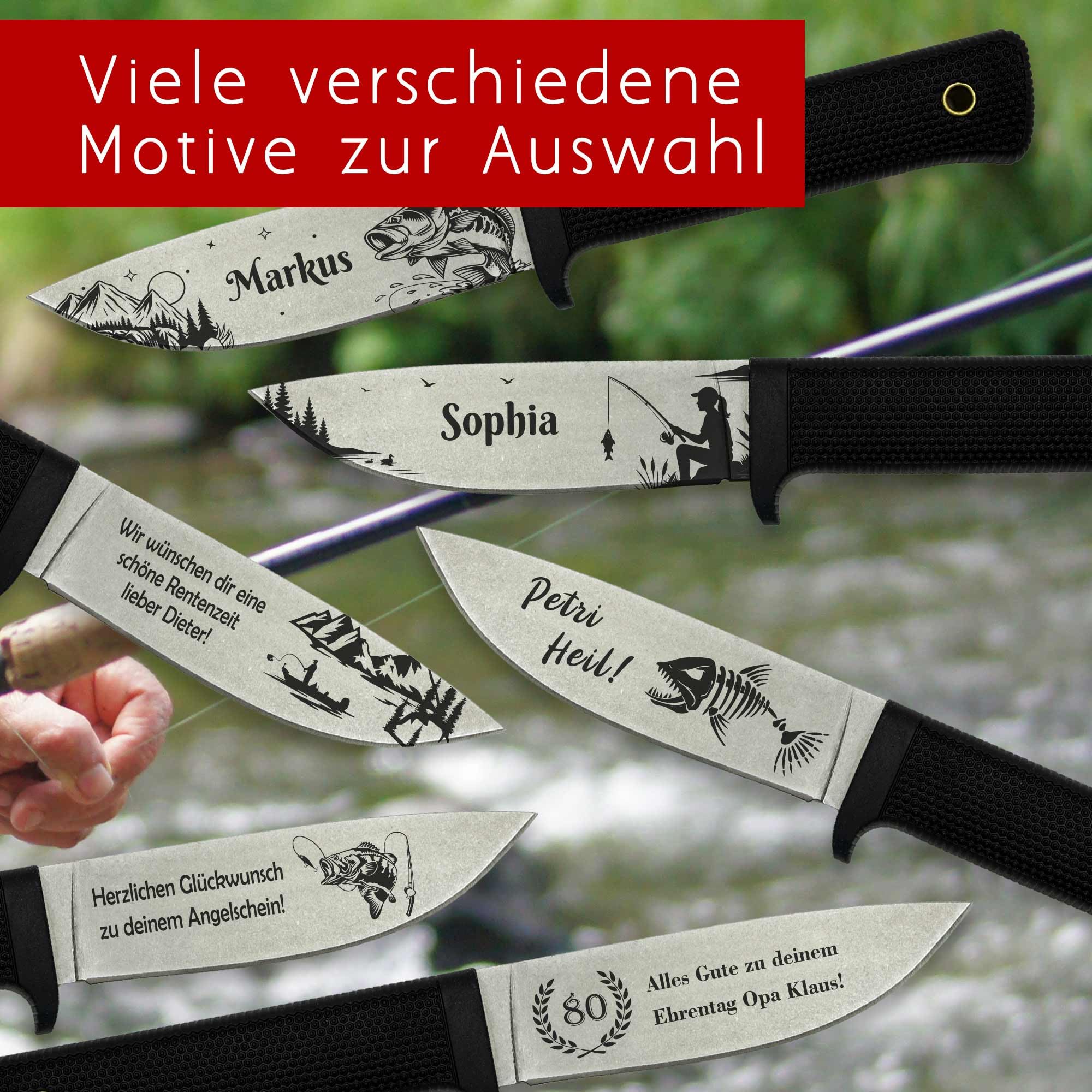 Angelmesser mit Gravur & Name – Geschenk für Angler & Männer – Personalisiertes Messer mit Stonewash-Klinge zum Geburtstag, Vatertag oder Weihnachten (Stonewash - mit Ständer)
