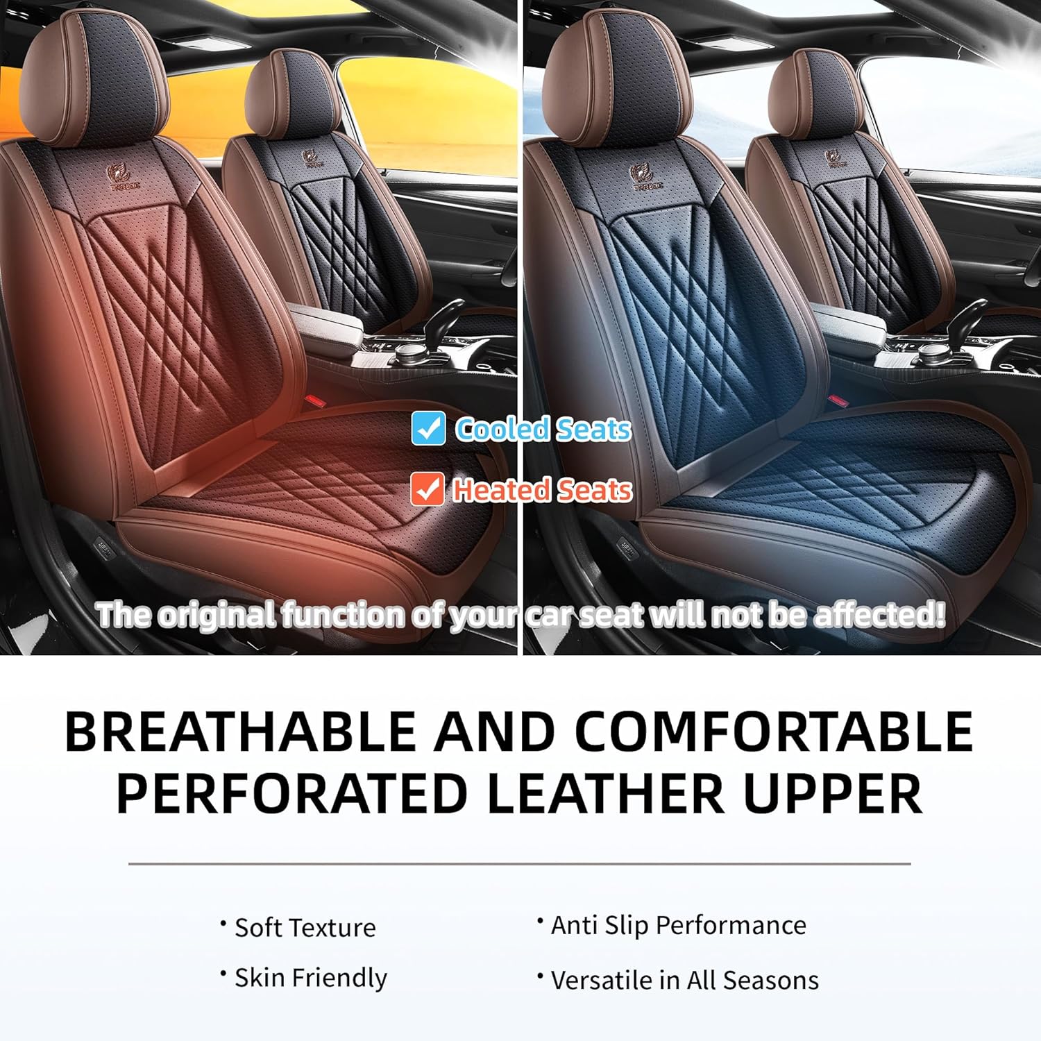 Car Seat Covers 2-Piece Front Pair Durable Leather, Anti-Slip Waterproof Car Accessories Custom Fit for Most Cars, SUV & Sedan（Black-Brown）