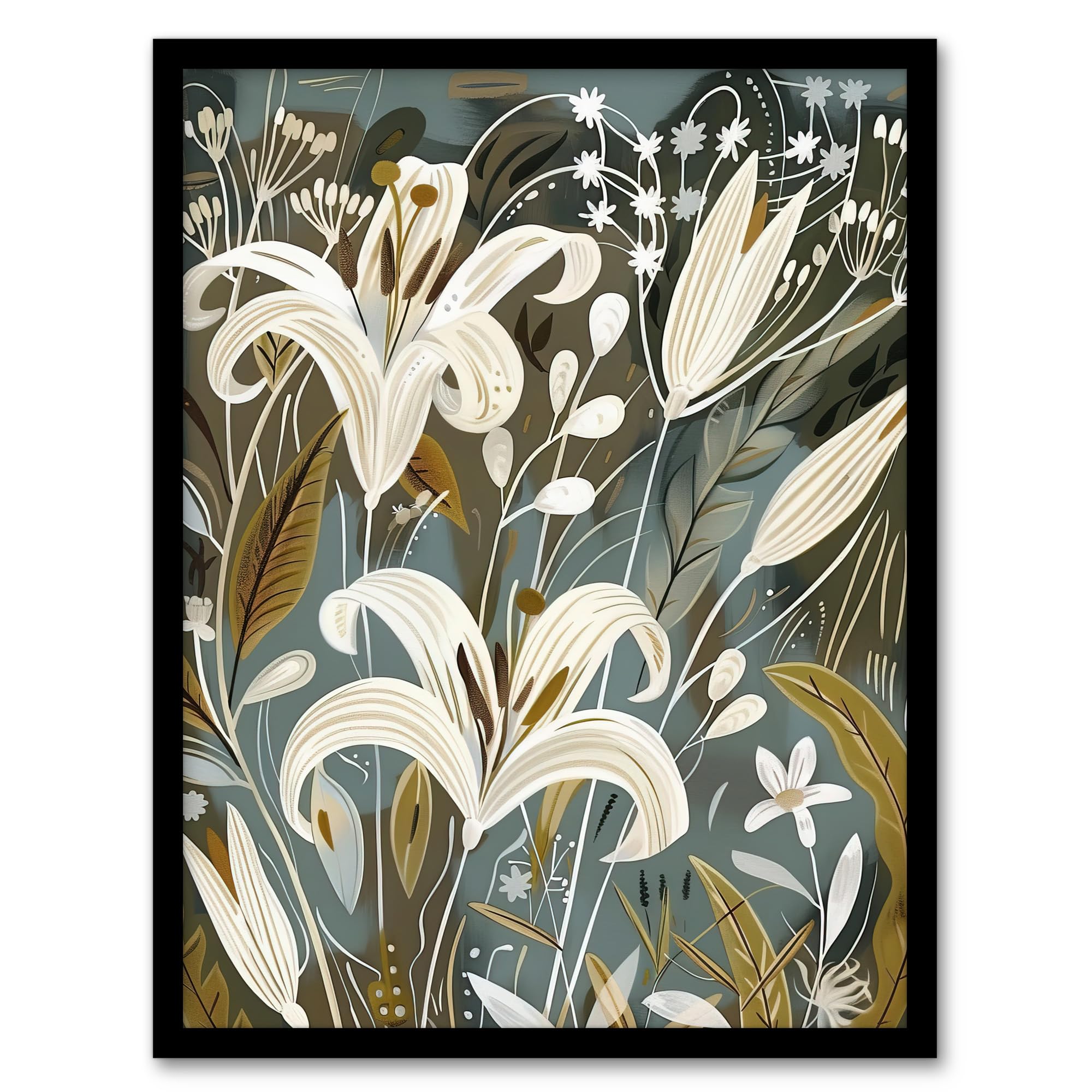 Artery8 White Lilies Flower Blooms Floral Artwork Living Room Artwork Framed Wall Art Print 18X24 Inch