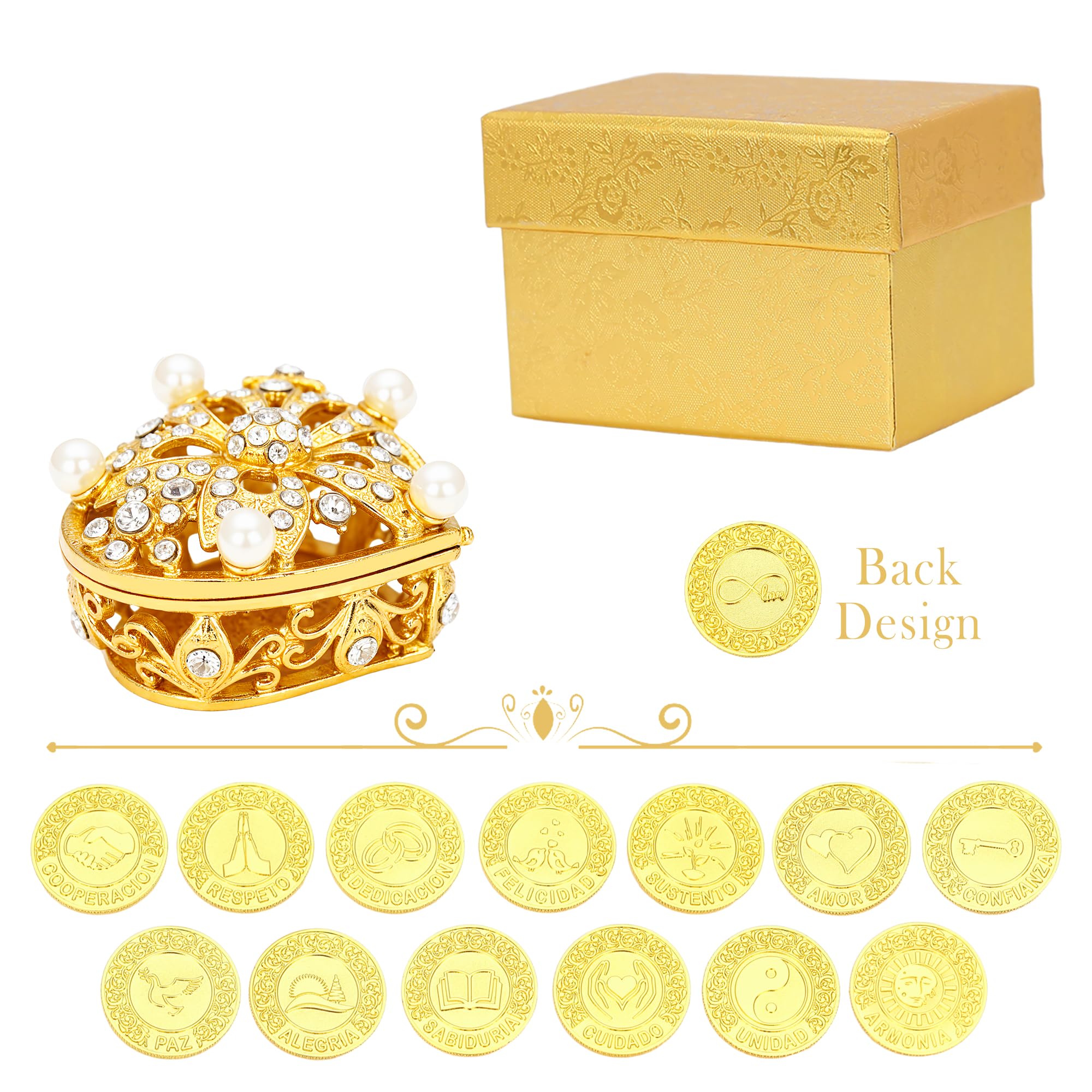TINGKU Arras de Boda plata española boda Arras monedas en perla y corazón de cristal joyero unidad monedas conjunto (Gold)