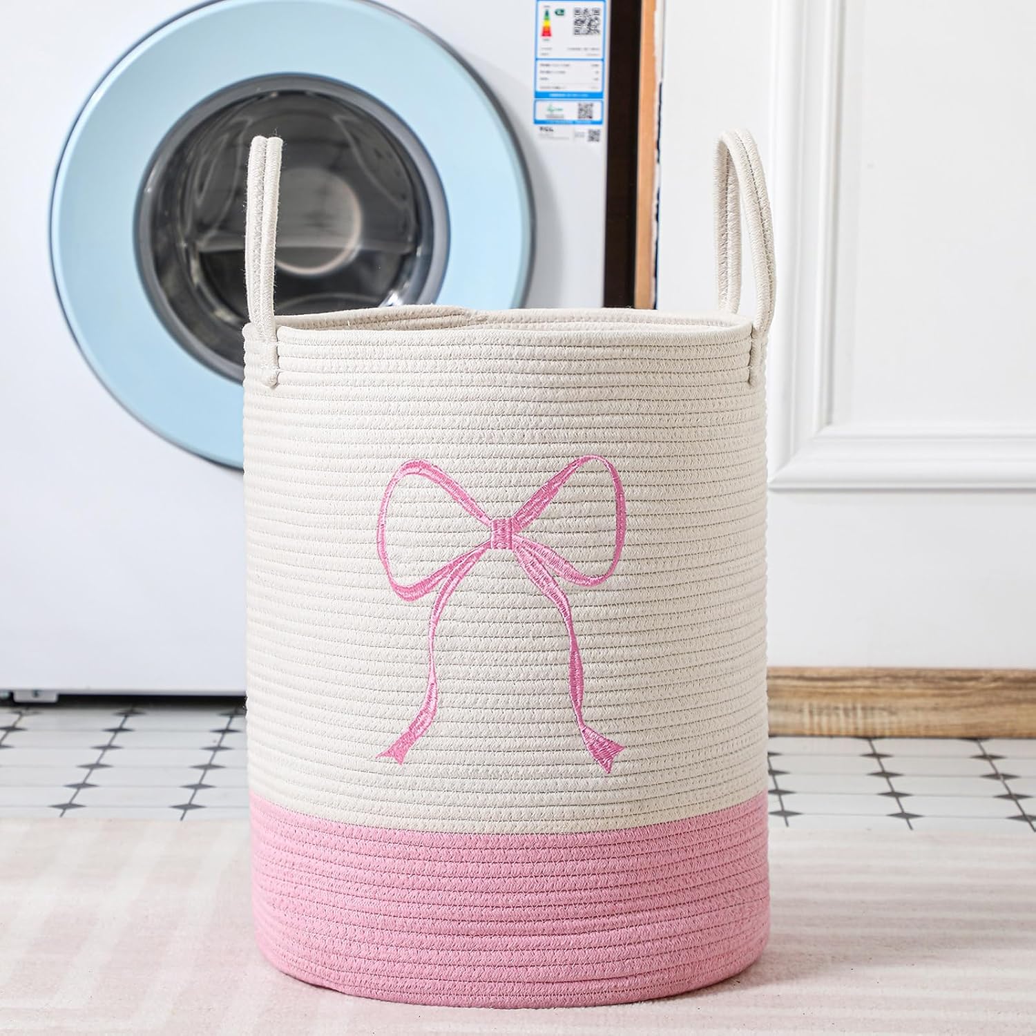 Honeydak Pink Laundry Basket Bow Hamper Coquette Laundry Basket Cotton Rope Pink Hamper 15 x 17.7 Inches Toy Box Large Coquette Bow Teens Girls Room Storage for Blanket Toys Clothes Organization - Image 4
