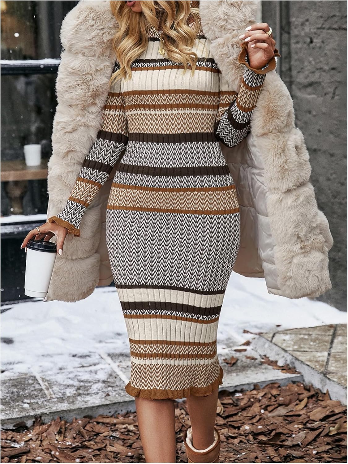 Floerns Women's Striped Bodycon Midi Sweater Dress Long Sleeve Crew Neck Fall Outfit Ruffle Knit Jumper Dresses - Image 5