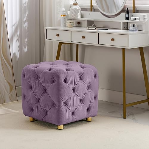 Miniatura 8 de Home - Taburete de tocador copetudo, otomano copetudo de terciopelo con patas redondas doradas, asiento acolchado suave y compacto, asiento de