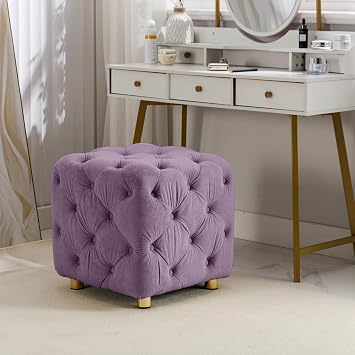 AMNOOL Modern Velvet Upholstered Ottoman Delicate Small Coffee Table Soft Ottoman Dressing Chair with Gold Metal Legs Comfortable Cube Seat for Living Room, Bedroom, Entrance Purple