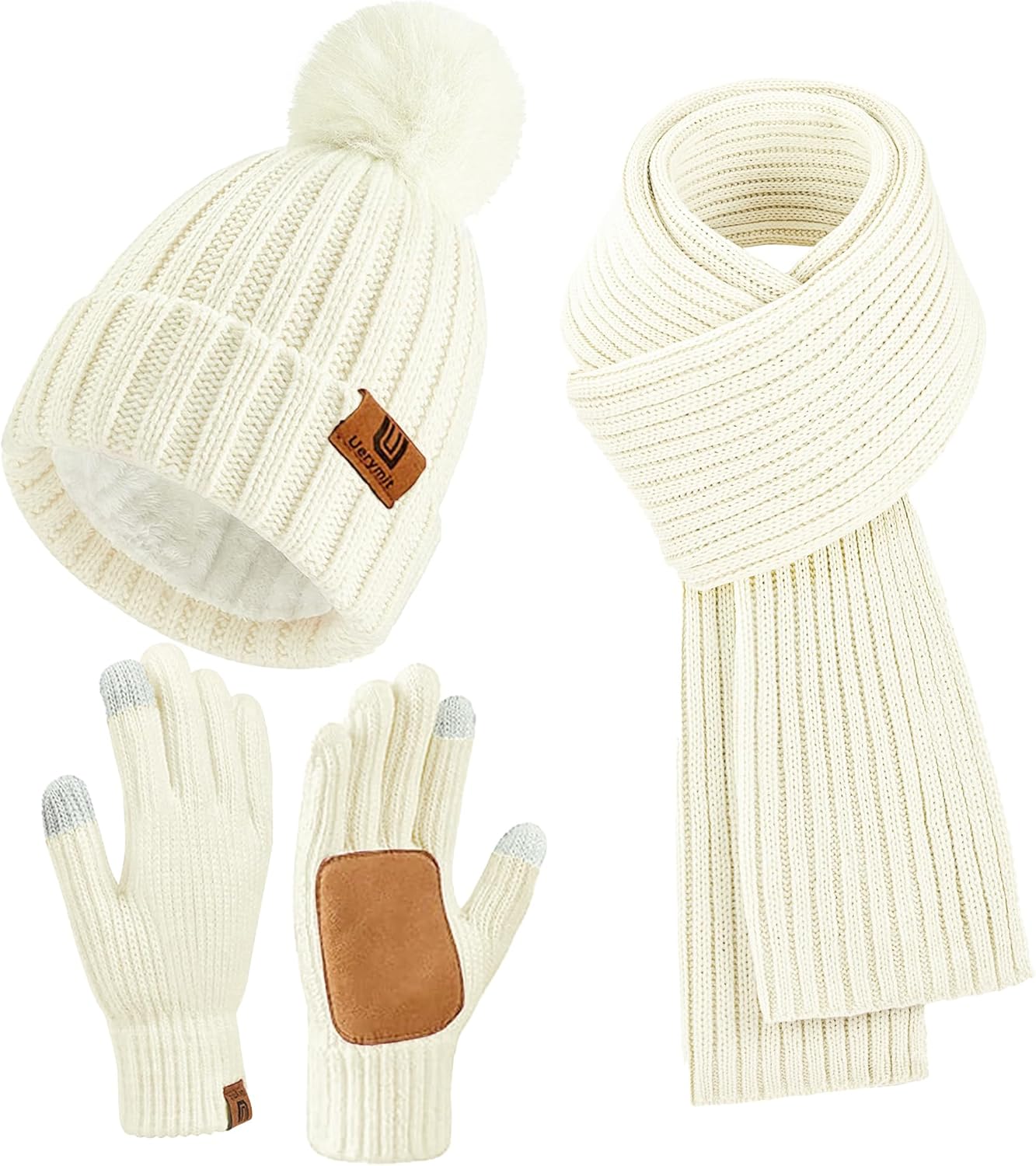 Womens Winter Beanie Hat Scarf Gloves Set Warm Knit Beanie with Pom Pom Long Scarf Neck Warmer Touchscreen Gloves