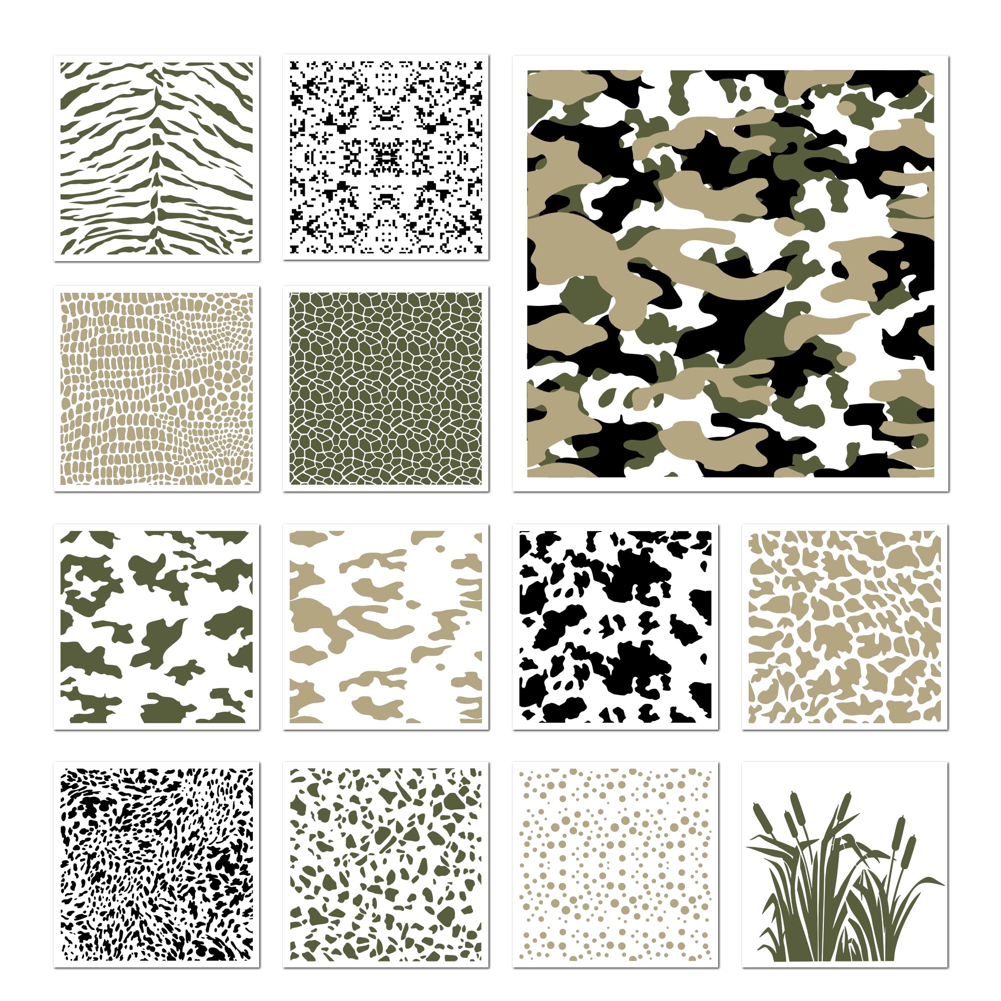 Keluna Camouflage Stencils for Painting - 12 Pcs Large Reusable Camo Stencils for Painting on Wood Wall Floor Tile Furniture Home Decor, Spot Animal Print Stencils for Painting on Wood Canvas Rock