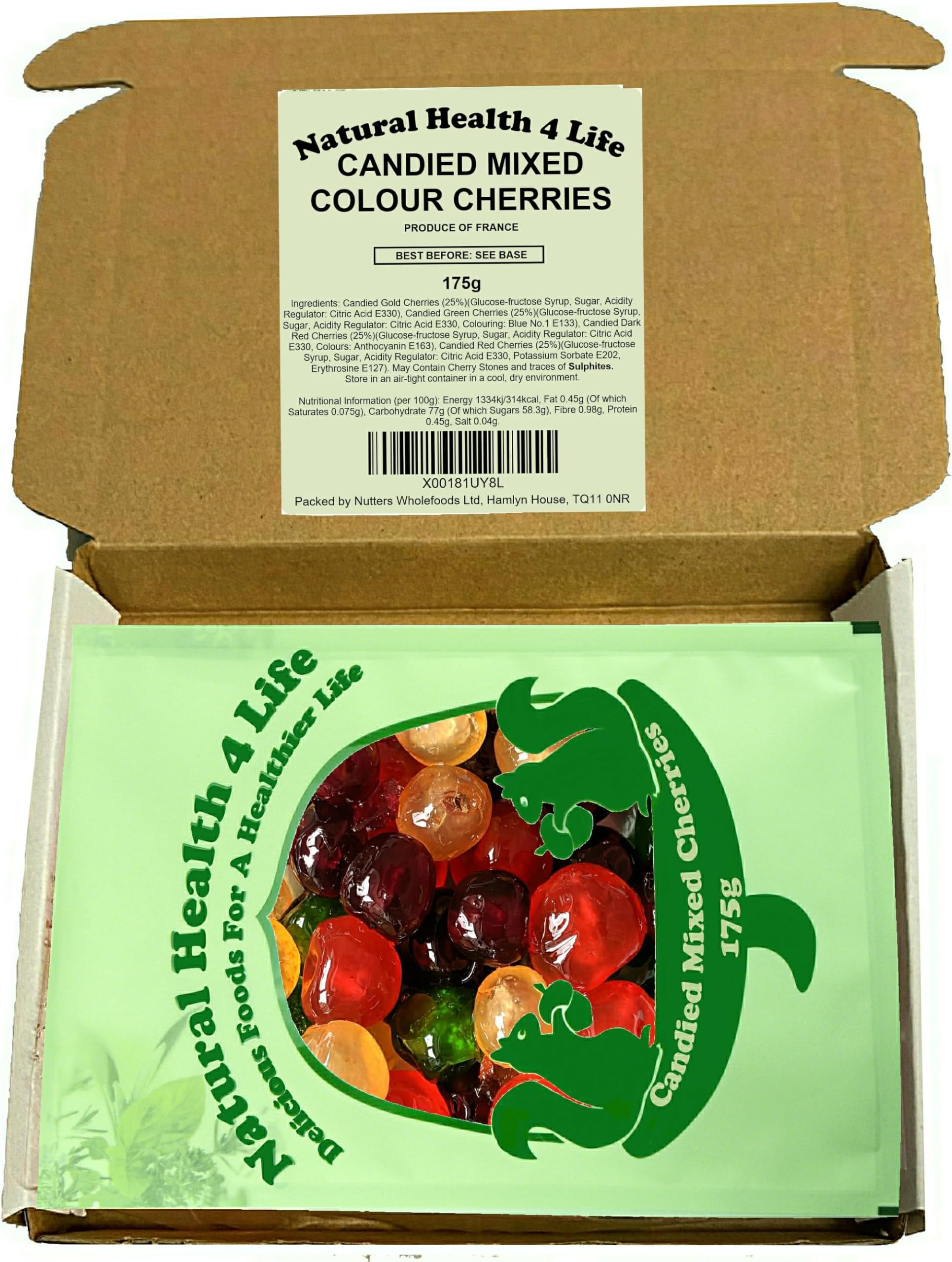 Natural Health 4 Life Candied Whole Mixed 4 Colour Glace Cherries 175 g (1 Bag) Produce of France