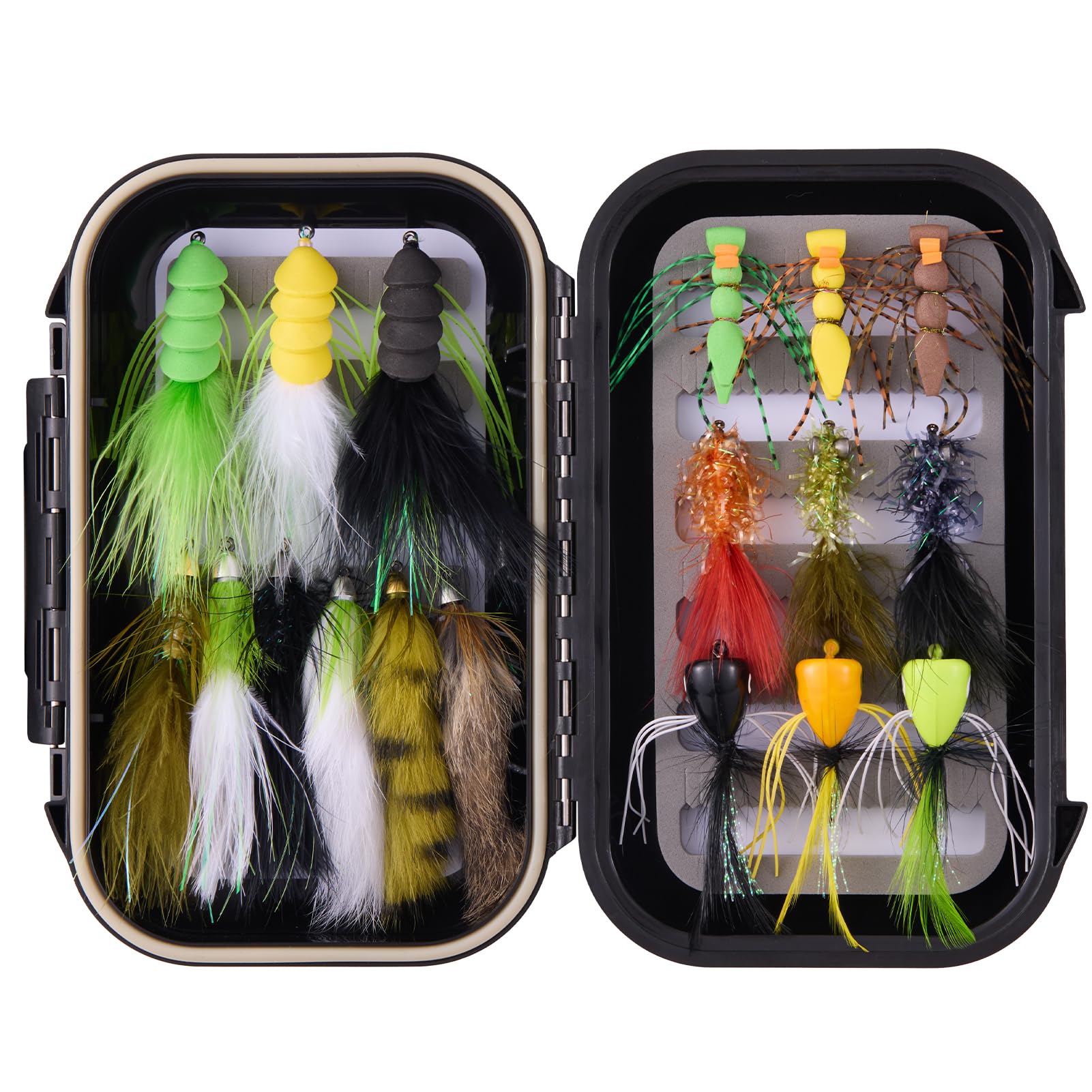 BASSDASH 18pcs Bass Fly Fishing Flies, Dry Wet Flies Poppers in Hook Sizes 1/0, 4, 6 with Waterproof Fly Box