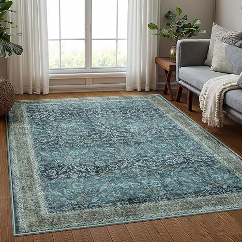 Vintage Washable Area Rug 5x7, Soft Non-Slip Floral Distressed Living Room Rug, Low Pile Stain Resistant Door Mat Indoor Entrance Boho Area Rug for Bedroom Dining Room Office