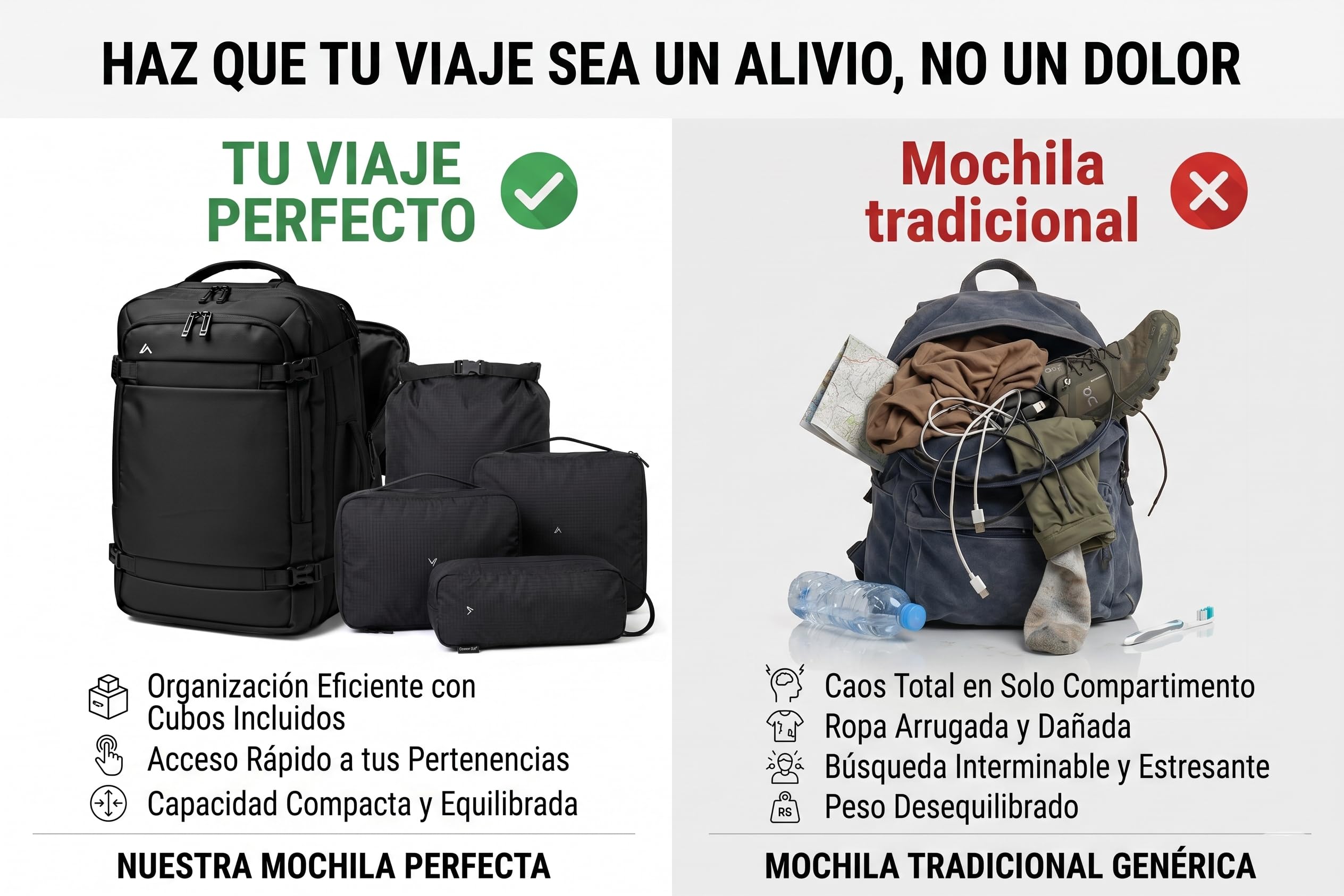 Mochila de viaje y trabajo, mochilas de viaje cabina avion extensible hasta 45x30x25 SET Equipaje de Mano. Backpack para portatil laptop de 15.6"-17" para gimnasio